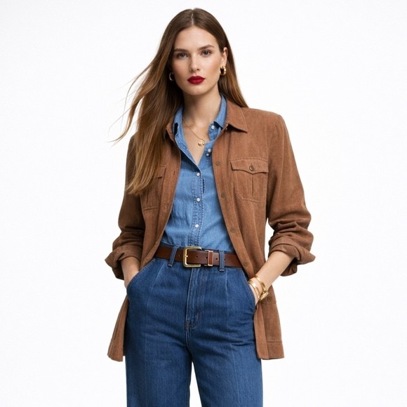 Lauren Ralph Lauren Silk Linen Shirt Jacket 12 Brown Safari Preppy Shacket